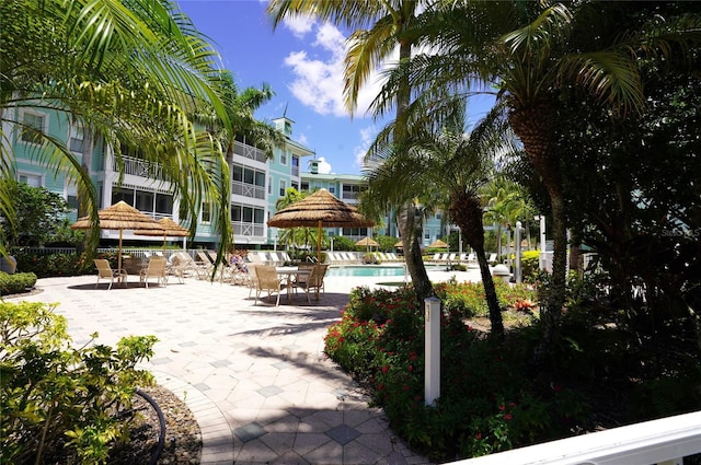 view of community featuring a pool and a patio area