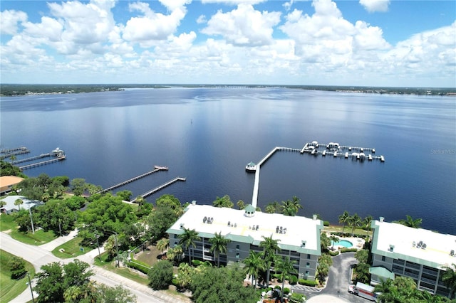 drone / aerial view with a water view