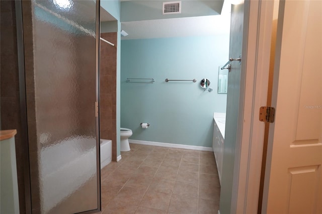 bathroom with tile patterned floors, walk in shower, vanity, and toilet