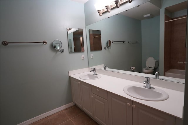 full bathroom featuring shower / washtub combination, vanity, toilet, and tile patterned floors