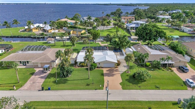 bird's eye view with a water view