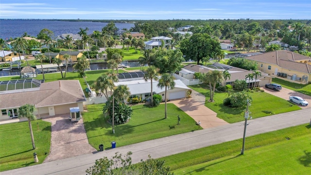 aerial view featuring a water view