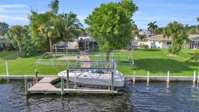 view of dock featuring a water view and a lawn