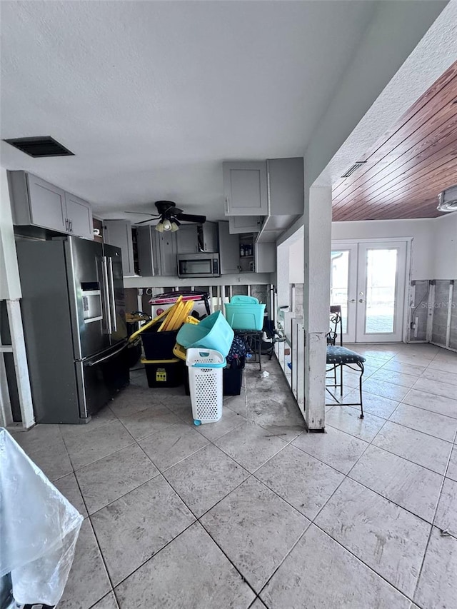 kitchen featuring wood ceiling, ceiling fan, appliances with stainless steel finishes, gray cabinetry, and french doors