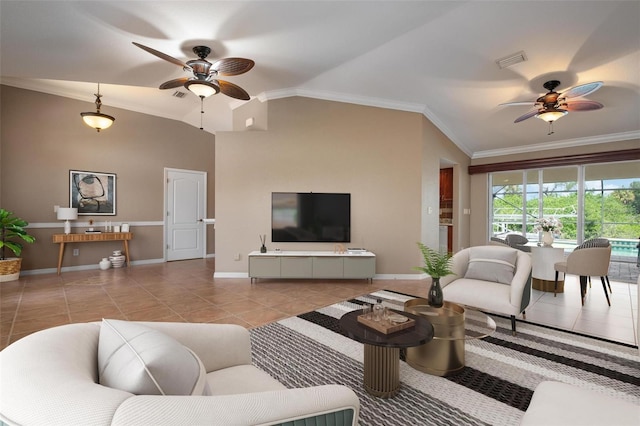 tiled living room featuring lofted ceiling, crown molding, and ceiling fan