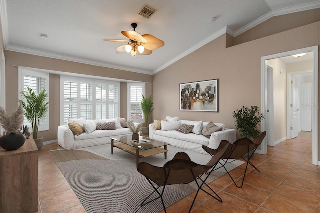 living room featuring crown molding, vaulted ceiling, ceiling fan, and light tile patterned flooring