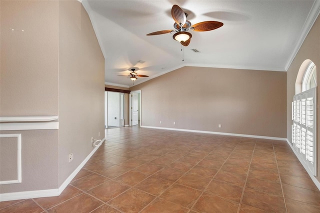 spare room featuring ceiling fan, ornamental molding, lofted ceiling, and tile patterned flooring