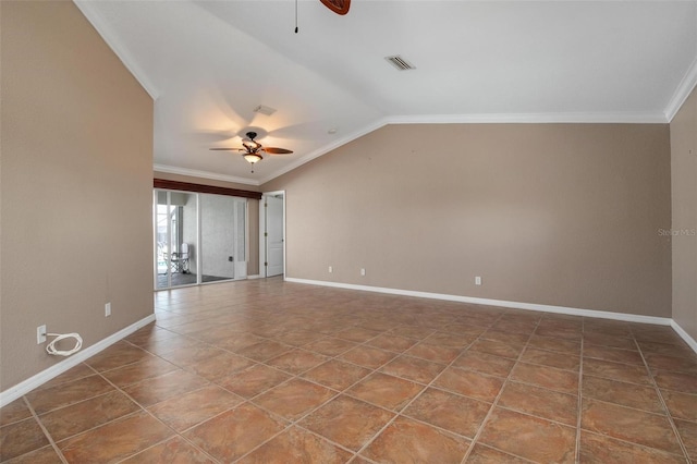 empty room featuring ornamental molding, vaulted ceiling, and ceiling fan