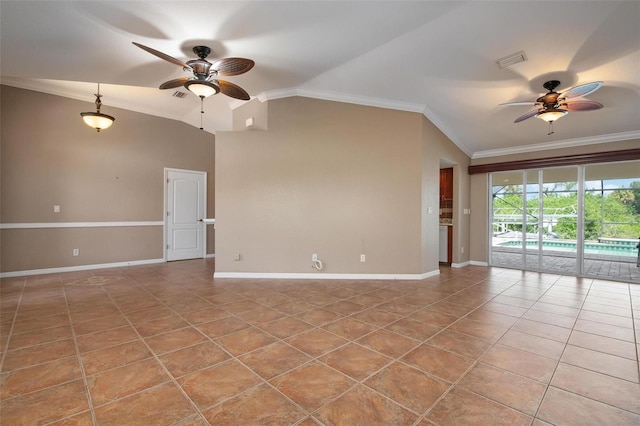 tiled spare room featuring crown molding, ceiling fan, and lofted ceiling