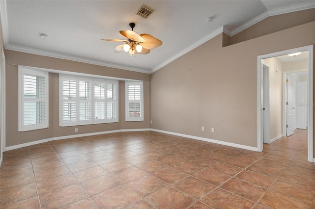 tiled spare room with lofted ceiling, ornamental molding, and ceiling fan