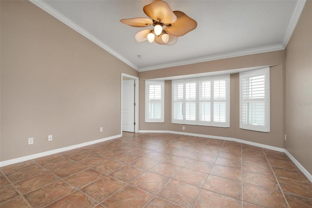 empty room with ceiling fan, ornamental molding, tile patterned flooring, and lofted ceiling