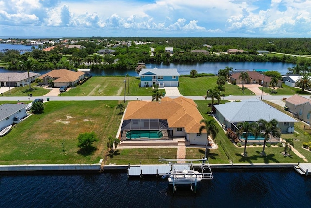 drone / aerial view featuring a water view