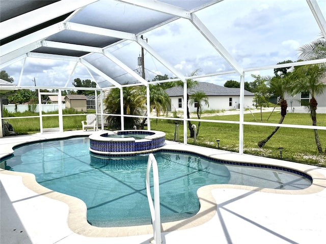 view of swimming pool with an in ground hot tub, glass enclosure, and a lawn