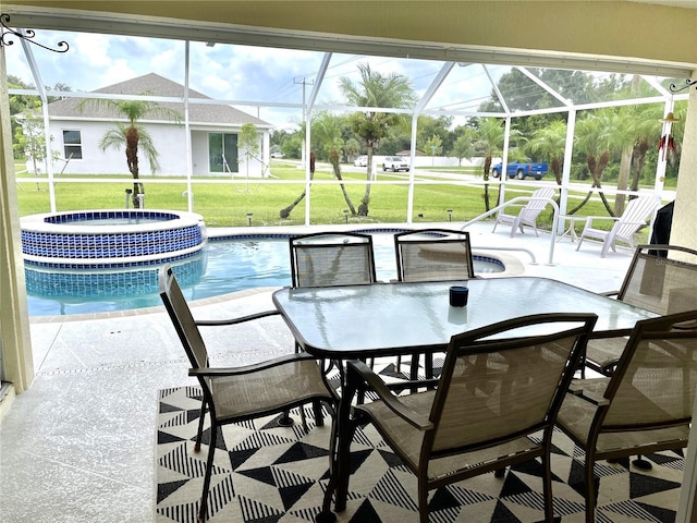 view of pool featuring central AC, a patio, glass enclosure, and a lawn