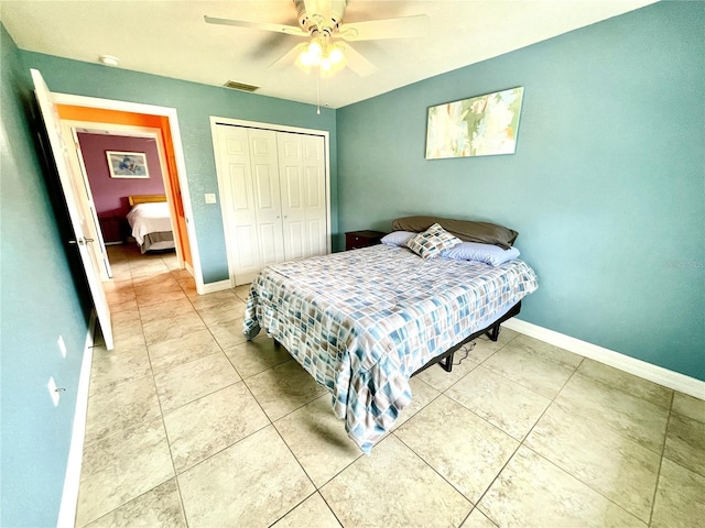 bedroom featuring ceiling fan and a closet