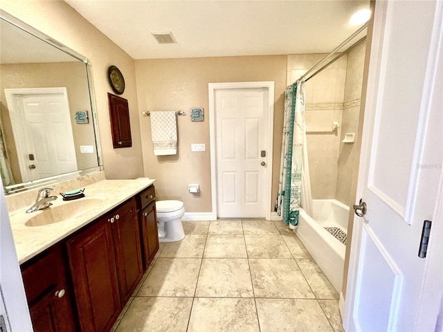 full bathroom with vanity, shower / tub combo, tile patterned floors, and toilet