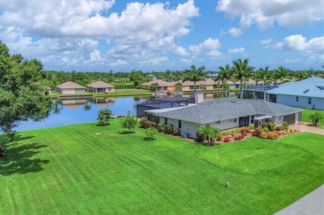 bird's eye view with a water view