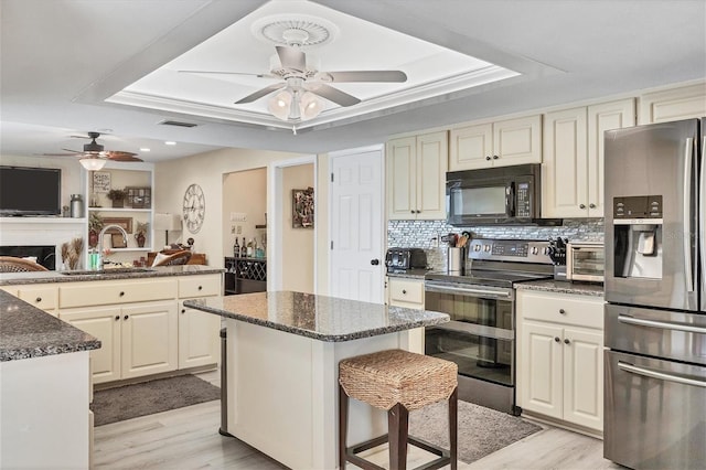 kitchen with a kitchen island, a raised ceiling, light hardwood / wood-style floors, and stainless steel appliances