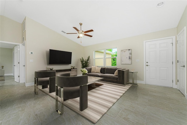 living room with tile patterned flooring, high vaulted ceiling, and ceiling fan