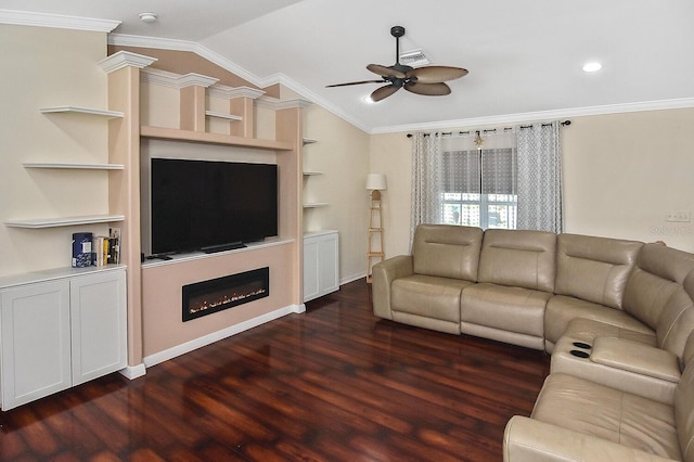 living room with lofted ceiling, crown molding, built in features, ceiling fan, and wood-type flooring