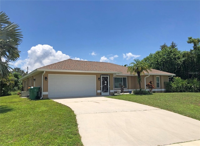 ranch-style house with a garage and a front yard