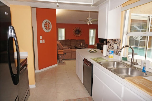 kitchen with black appliances, sink, decorative backsplash, white cabinetry, and ceiling fan