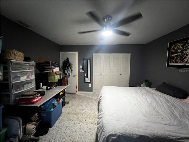 bedroom with ceiling fan and a closet