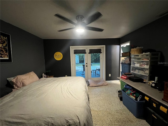 bedroom featuring access to exterior, ceiling fan, and french doors