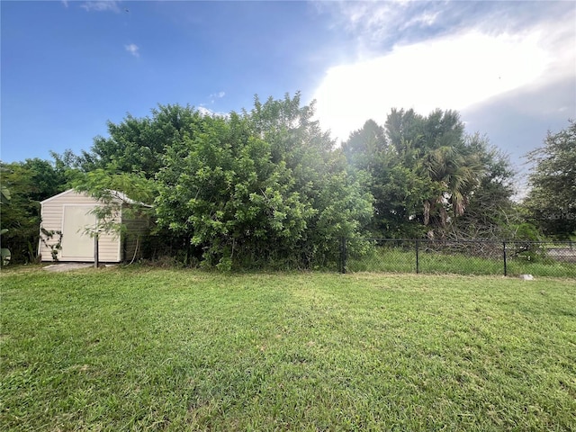 view of yard featuring a storage unit