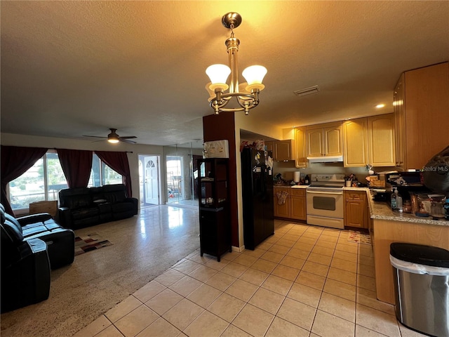 kitchen with decorative light fixtures, stainless steel electric stove, a wealth of natural light, and black fridge