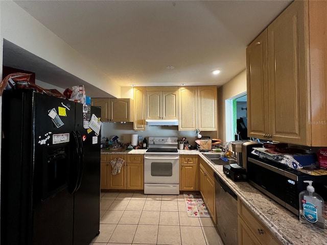 kitchen with light tile patterned flooring, light brown cabinetry, stainless steel dishwasher, white range with electric cooktop, and black refrigerator with ice dispenser