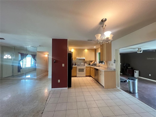 1405 Dorchester St, Port Charlotte, FL 33952 - kitchen featuring electric range oven, stainless steel dishwasher, light countertops, under cabinet range hood, and freestanding refrigerator