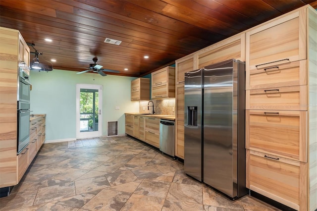 kitchen featuring wooden ceiling, visible vents, appliances with stainless steel finishes, decorative backsplash, and light brown cabinetry