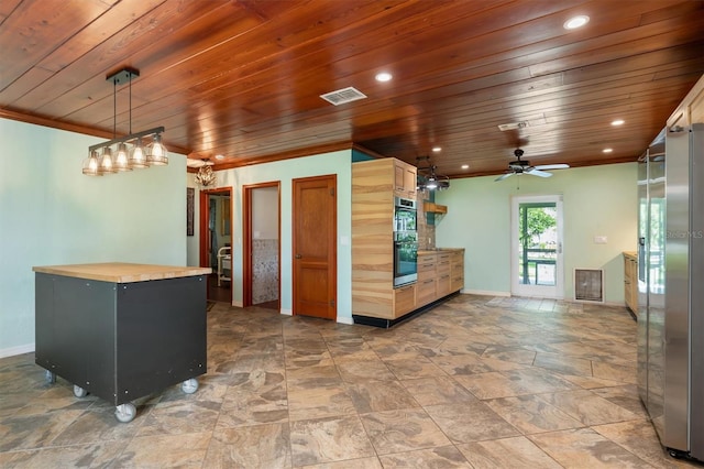 kitchen with visible vents, wood ceiling, hanging light fixtures, crown molding, and light brown cabinetry