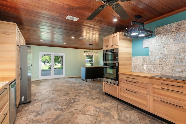 kitchen with light brown cabinetry, wood ceiling, stainless steel appliances, ceiling fan, and pendant lighting