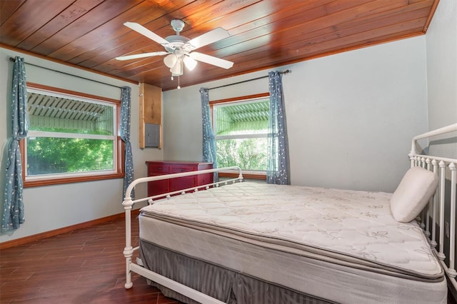 bedroom with electric panel, ceiling fan, wooden ceiling, and dark hardwood / wood-style flooring