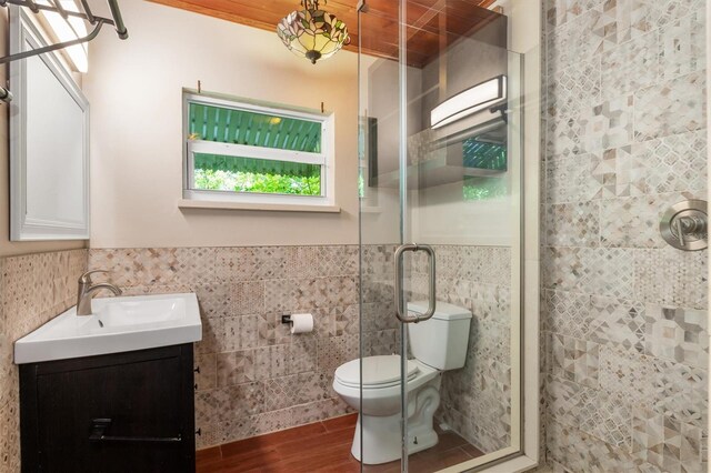 full bathroom with a shower stall, toilet, tile walls, and vanity