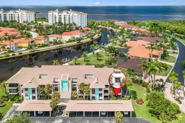 aerial view featuring a water view