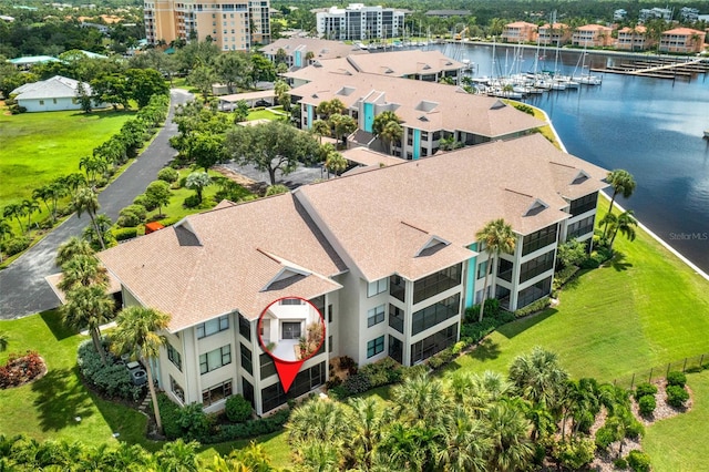 aerial view featuring a water view