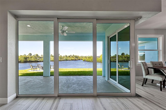 entryway featuring a water view, a healthy amount of sunlight, and hardwood / wood-style floors