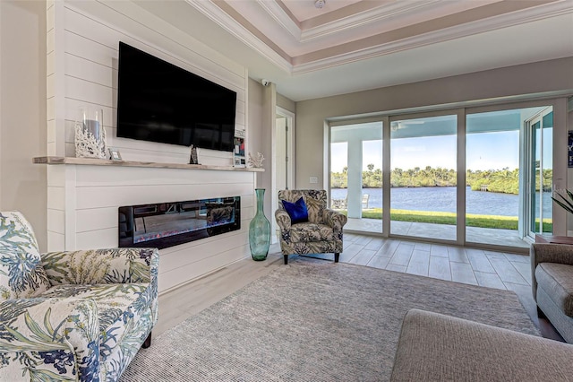 living room with crown molding, a large fireplace, a tray ceiling, and hardwood / wood-style floors