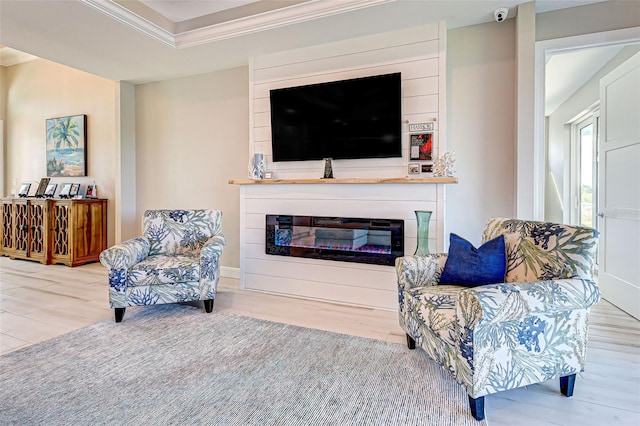 living room featuring ornamental molding, wood-type flooring, and a tray ceiling