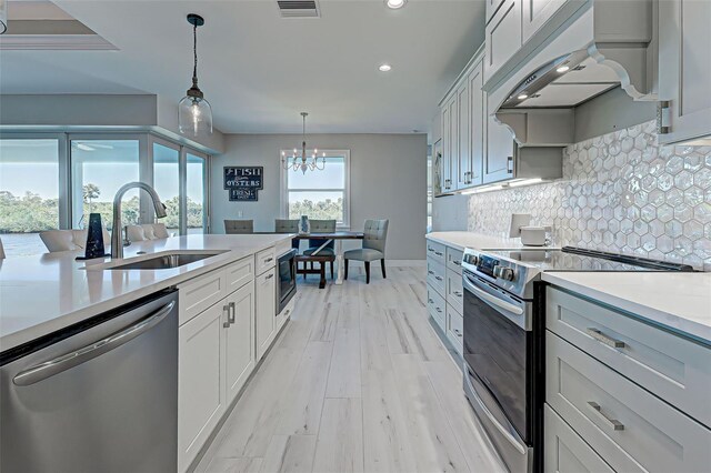 kitchen featuring sink, appliances with stainless steel finishes, hanging light fixtures, backsplash, and custom exhaust hood