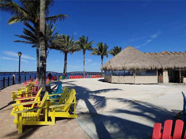 view of patio / terrace with a water view