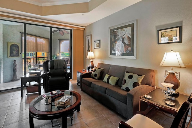 tiled living room with crown molding