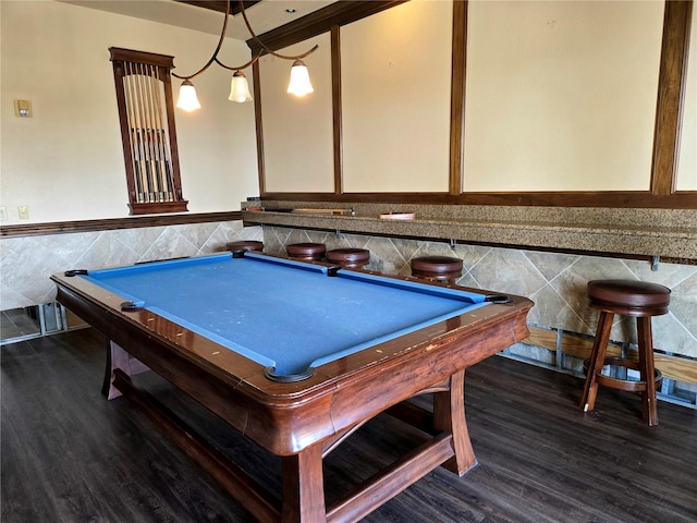 game room with billiards, tile walls, and wood-type flooring