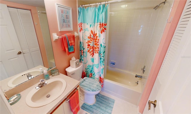 full bathroom featuring vanity, shower / bath combo, toilet, and tile patterned flooring