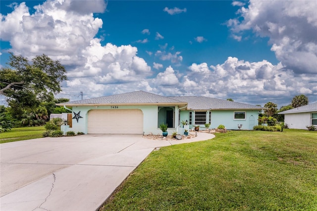 ranch-style house featuring a garage, concrete driveway, a front lawn, and stucco siding