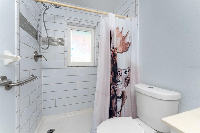 full bath featuring toilet, a stall shower, and a textured wall