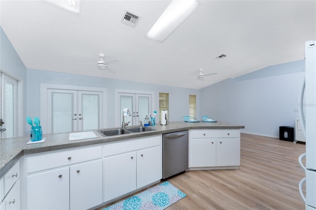 kitchen featuring ceiling fan, visible vents, a sink, and dishwasher